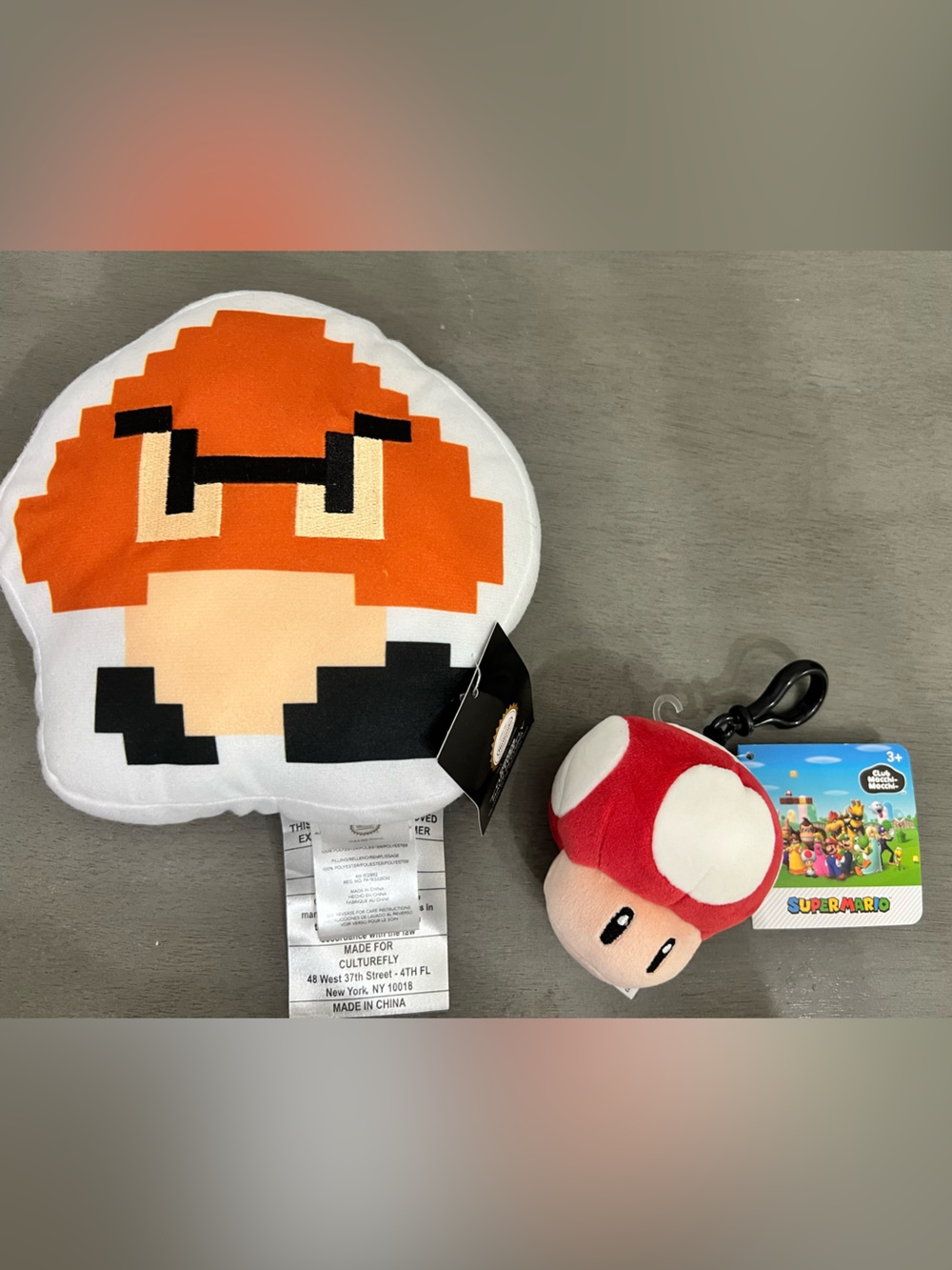 NWT Mario Bros Goomba pillow and mushroom bag clip